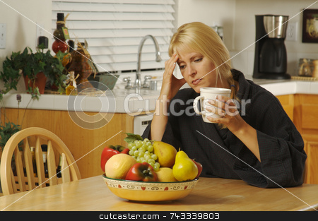 To use this stock image in your creative project, please select the size you need over to the right and click the "Add to Cart" button.
Your downloaded image will come with the Cutcaster watermark removed so don’t worry about the watermark you see on this page. Woman Holding Head in Kitchen stock photo, Woman with hand on her head as she gazes in thought. Head ache? Depression? Loneliness? Versatile image. by Andy Dean