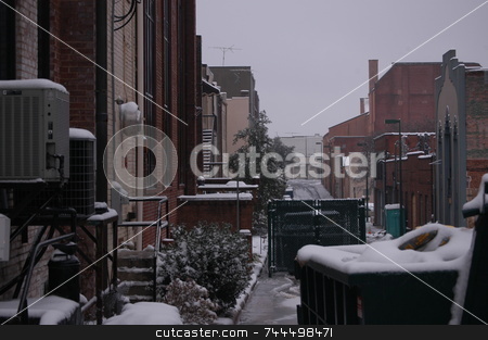 To use this stock image in your creative project, please select the size you need over to the right and click the "Add to Cart" button.
Your downloaded image will come with the Cutcaster watermark removed so don’t worry about the watermark you see on this page. Cold alley stock photo, Behind every city is a back alley, This one is seen in the winter time. by Tim Markley