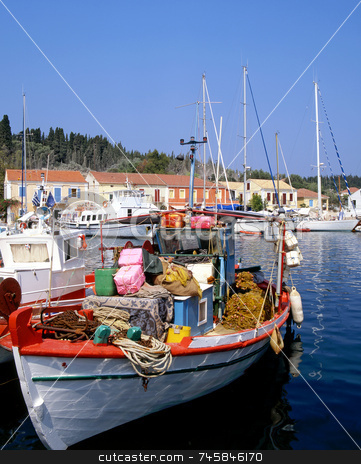 To use this stock image in your creative project, please select the size you need over to the right and click the "Add to Cart" button.
Your downloaded image will come with the Cutcaster watermark removed so don’t worry about the watermark you see on this page. Fishing Boat stock photo, Greek fishing boat in the port of Fiscardo on the island of Kefalonia by Paul Phillips