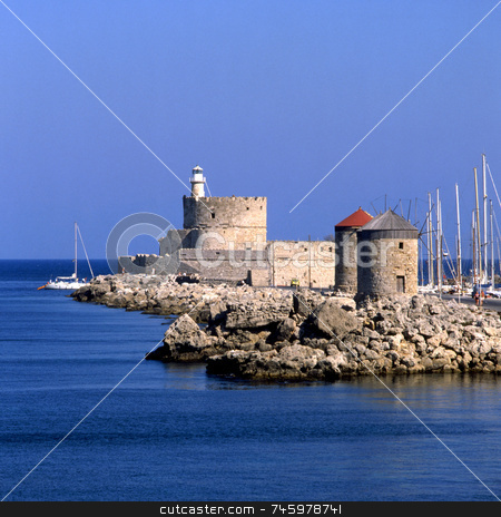 To use this stock image in your creative project, please select the size you need over to the right and click the "Add to Cart" button.
Your downloaded image will come with the Cutcaster watermark removed so don’t worry about the watermark you see on this page. Rhodes Windmills stock photo, The harbour of Rhodes Greece old town by Paul Phillips