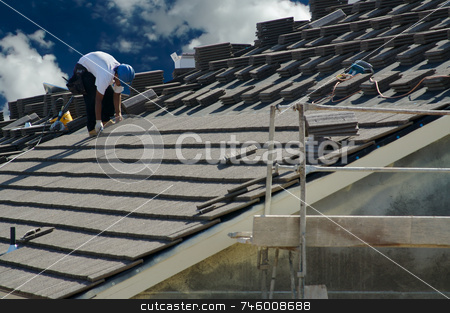 To use this stock image in your creative project, please select the size you need over to the right and click the "Add to Cart" button.
Your downloaded image will come with the Cutcaster watermark removed so don’t worry about the watermark you see on this page. Roofer Laying Tile stock photo, Roofer Laying Tile Shingles on a New Home by Andy Dean