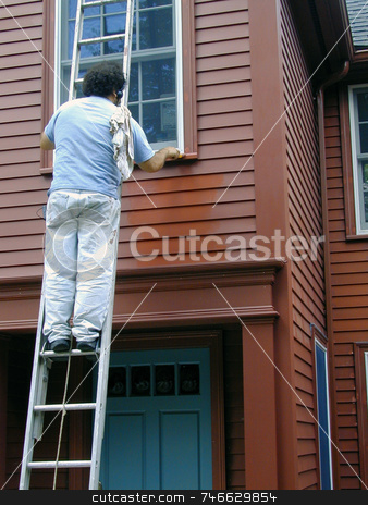 To use this stock image in your creative project, please select the size you need over to the right and click the "Add to Cart" button.
Your downloaded image will come with the Cutcaster watermark removed so don’t worry about the watermark you see on this page. Man Painting House stock photo, Man on a ladder, painting a home red by Tom and Beth Pulsipher