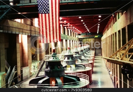 To use this stock image in your creative project, please select the size you need over to the right and click the "Add to Cart" button.
Your downloaded image will come with the Cutcaster watermark removed so don’t worry about the watermark you see on this page. American power plant stock photo, An American flag hanging over power generators inside of Hoover dam. by Rob Wright