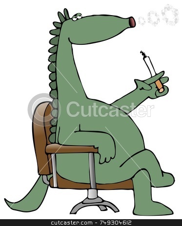 To use this stock image in your creative project, please select the size you need over to the right and click the "Add to Cart" button.
Your downloaded image will come with the Cutcaster watermark removed so don’t worry about the watermark you see on this page. Dinosaur Blowing Smoke Rings stock photo, This illustration depicts a dinosaur sitting in a chair and blowing smoke rings from a cigarette. by Dennis Cox