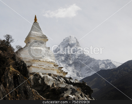 To use this stock image in your creative project, please select the size you need over to the right and click the "Add to Cart" button.
Your downloaded image will come with the Cutcaster watermark removed so don’t worry about the watermark you see on this page. Buddhist Stup of Nepal stock photo, Buddhist Stupa in Mt. Everest Valley by A Cotton Photo