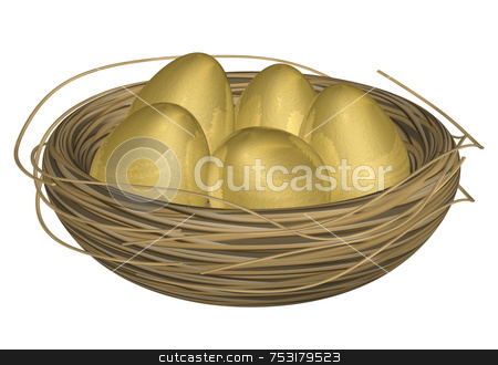 To use this stock image in your creative project, please select the size you need over to the right and click the "Add to Cart" button.
Your downloaded image will come with the Cutcaster watermark removed so don’t worry about the watermark you see on this page. Golden Eggs in Nest stock photo, Five golden eggs in a straw nest. Nice metallic and reflective texture on eggs. Good for Easter holiday or financial metaphor representing wealth or retirement nestegg. High quality 3D render. Easy selection off white background. by ngirl