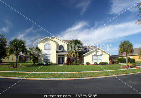To use this stock image in your creative project, please select the size you need over to the right and click the "Add to Cart" button.
Your downloaded image will come with the Cutcaster watermark removed so don’t worry about the watermark you see on this page. New Home stock photo, A new home with blue sky and palm trees. by Lucy Clark