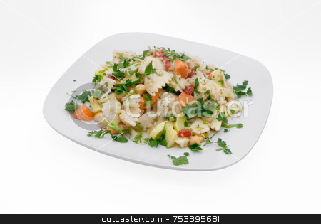 To use this stock image in your creative project, please select the size you need over to the right and click the "Add to Cart" button.
Your downloaded image will come with the Cutcaster watermark removed so don’t worry about the watermark you see on this page. Pasta Salad Isolated stock photo, Bow tie pasta salad on plate isolated on white with clipping path. Salad has chick peas, carrots, summer squash, red pepper and parsley. by ngirl