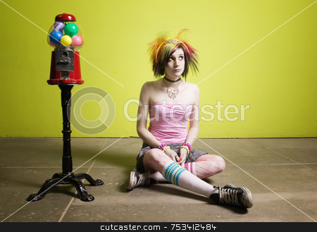 To use this stock image in your creative project, please select the size you need over to the right and click the "Add to Cart" button.
Your downloaded image will come with the Cutcaster watermark removed so don’t worry about the watermark you see on this page. Punk Girl in front of a Green Wall stock photo, Colorful young punk girl sitting in front of a green wall by Scott Griessel