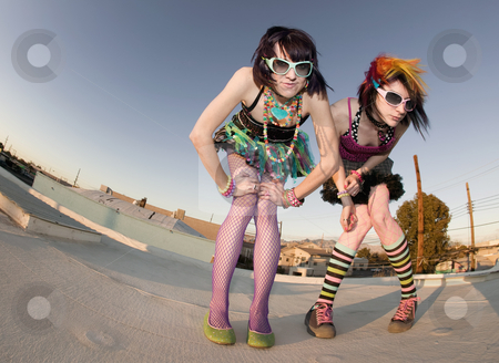 To use this stock image in your creative project, please select the size you need over to the right and click the "Add to Cart" button.
Your downloaded image will come with the Cutcaster watermark removed so don’t worry about the watermark you see on this page. Punk Girls on a Roof stock photo, Fisheye shot of girls in brightly colored clothing on a roof by Scott Griessel