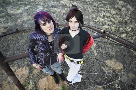 To use this stock image in your creative project, please select the size you need over to the right and click the "Add to Cart" button.
Your downloaded image will come with the Cutcaster watermark removed so don’t worry about the watermark you see on this page. Anti-Fashion Girls stock photo, Two punk girls posing in a rural setting by Scott Griessel