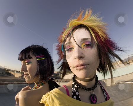 To use this stock image in your creative project, please select the size you need over to the right and click the "Add to Cart" button.
Your downloaded image will come with the Cutcaster watermark removed so don’t worry about the watermark you see on this page. Girls on the Roof stock photo, Fisheye shot of girls in brightly colored clothing on a roof by Scott Griessel