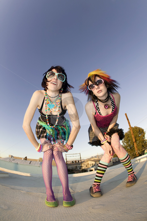 To use this stock image in your creative project, please select the size you need over to the right and click the "Add to Cart" button.
Your downloaded image will come with the Cutcaster watermark removed so don’t worry about the watermark you see on this page. Punk Girls on a Roof stock photo, Fisheye shot of girls in brightly colored clothing on a roof by Scott Griessel