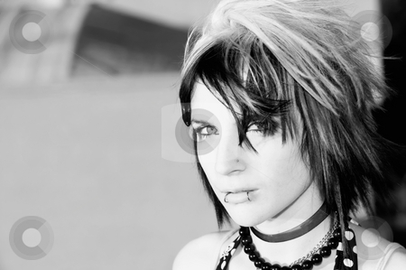 To use this stock image in your creative project, please select the size you need over to the right and click the "Add to Cart" button.
Your downloaded image will come with the Cutcaster watermark removed so don’t worry about the watermark you see on this page. Young Punk Woman stock photo, Black and white close-up of a young punk woman by Scott Griessel