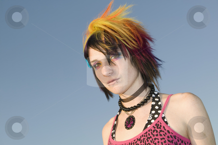 To use this stock image in your creative project, please select the size you need over to the right and click the "Add to Cart" button.
Your downloaded image will come with the Cutcaster watermark removed so don’t worry about the watermark you see on this page. Young Punk Woman stock photo, Close-up of a young punk woman against a blue sky by Scott Griessel