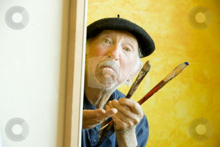 To use this stock image in your creative project, please select the size you need over to the right and click the "Add to Cart" button.
Your downloaded image will come with the Cutcaster watermark removed so don’t worry about the watermark you see on this page. Artist with a Beret at a Canvas looking at model stock photo, Elderly painter wearing a beret working on a large canvas and looking up by Scott Griessel