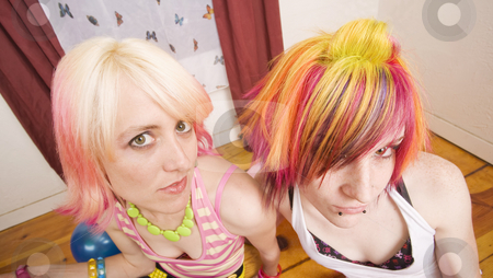 To use this stock image in your creative project, please select the size you need over to the right and click the "Add to Cart" button.
Your downloaded image will come with the Cutcaster watermark removed so don’t worry about the watermark you see on this page. Hipster Girls stock photo, Two colorful hipster girls with brightly dyed hair by Scott Griessel