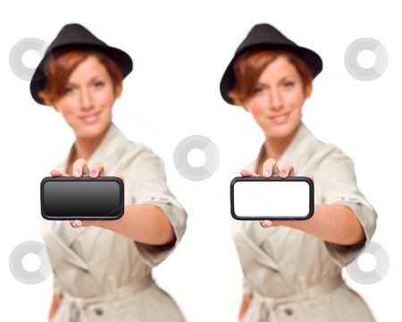 To use this stock image in your creative project, please select the size you need over to the right and click the "Add to Cart" button.
Your downloaded image will come with the Cutcaster watermark removed so don’t worry about the watermark you see on this page. Smiling Young Woman Holding Blank White and Black Smart Phone stock photo, Smiling Young Woman Holding Blank White and Black Smart Phone Isolated on White. by Andy Dean