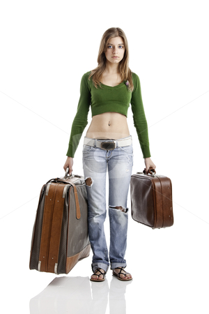 To use this stock image in your creative project, please select the size you need over to the right and click the "Add to Cart" button.
Your downloaded image will come with the Cutcaster watermark removed so don’t worry about the watermark you see on this page. Travel woman stock photo, Beautiful young woman holding two old leather suitcases by ikostudio