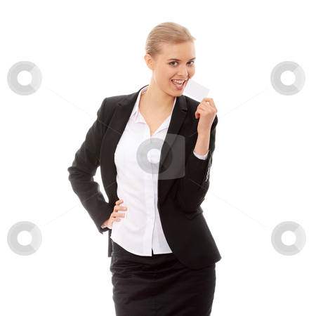 To use this stock image in your creative project, please select the size you need over to the right and click the "Add to Cart" button.
Your downloaded image will come with the Cutcaster watermark removed so don’t worry about the watermark you see on this page. Business card stock photo, Beautiful businesswoman with business card, isolated on white background by Piotr_Marcinski