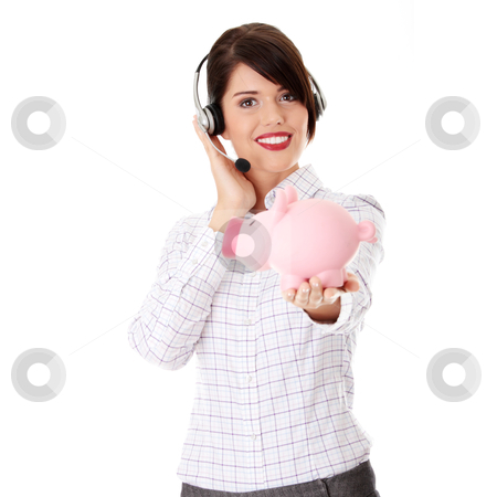 To use this stock image in your creative project, please select the size you need over to the right and click the "Add to Cart" button.
Your downloaded image will come with the Cutcaster watermark removed so don’t worry about the watermark you see on this page. Young business woman stock photo, Young business woman with headset holding piggy bank by Piotr_Marcinski