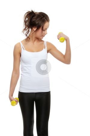 To use this stock image in your creative project, please select the size you need over to the right and click the "Add to Cart" button.
Your downloaded image will come with the Cutcaster watermark removed so don’t worry about the watermark you see on this page. Exercising stock photo, Portrait of beautiful young woman with dumbbells by Piotr_Marcinski