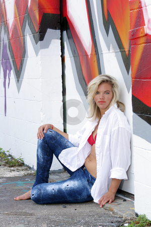 To use this stock image in your creative project, please select the size you need over to the right and click the "Add to Cart" button.
Your downloaded image will come with the Cutcaster watermark removed so don’t worry about the watermark you see on this page. Attractive Blonde with Graffiti (14) stock photo, A lovely young blonde leans against a graffiti-covered wall. by Carl Stewart