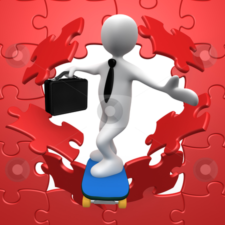 To use this stock image in your creative project, please select the size you need over to the right and click the "Add to Cart" button.
Your downloaded image will come with the Cutcaster watermark removed so don’t worry about the watermark you see on this page. Business Breakthrough stock photo, 3d businessman on a skateboard jumping through a puzzle wall. by Konstantinos Kokkinis