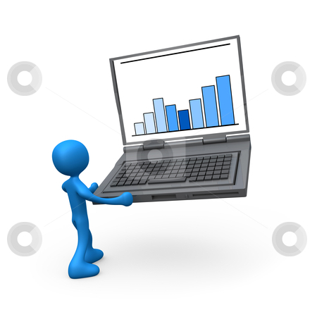 To use this stock image in your creative project, please select the size you need over to the right and click the "Add to Cart" button.
Your downloaded image will come with the Cutcaster watermark removed so don’t worry about the watermark you see on this page. Portable Statistics stock photo, 3d person carrying a laptop with a graph on it's monitor. by Konstantinos Kokkinis