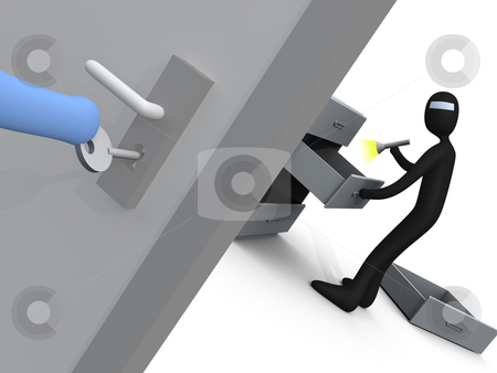 To use this stock image in your creative project, please select the size you need over to the right and click the "Add to Cart" button.
Your downloaded image will come with the Cutcaster watermark removed so don’t worry about the watermark you see on this page. Burglar stock photo, Computer generated image - Burglar. by Konstantinos Kokkinis