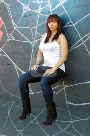 To use this stock image in your creative project, please select the size you need over to the right and click the "Add to Cart" button.
Your downloaded image will come with the Cutcaster watermark removed so don’t worry about the watermark you see on this page. Beautiful Girl and Stunning Graffiti (3) stock photo, A beautiful young girl with lots of attitude appears to be sitting on a graffiti spider web. by Carl Stewart
