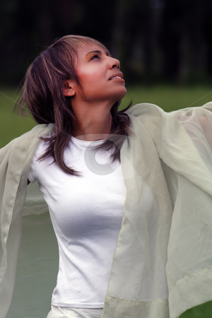To use this stock image in your creative project, please select the size you need over to the right and click the "Add to Cart" button.
Your downloaded image will come with the Cutcaster watermark removed so don’t worry about the watermark you see on this page. Woman Celebrating Outdoors (2) stock photo, A beautiful mature black woman soaks up some atmosphere and celebrates with a swatch of sheer fabric outdoors. by Carl Stewart