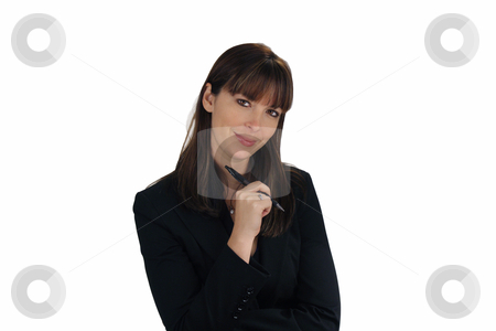 To use this stock image in your creative project, please select the size you need over to the right and click the "Add to Cart" button.
Your downloaded image will come with the Cutcaster watermark removed so don’t worry about the watermark you see on this page. Beautiful Brunette Businesswoman with an Ink Pen (2) stock photo, A lovely young brunette businesswoman holds an ink pen, looking directly at the viewer with a friendly smile. by Carl Stewart