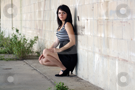 To use this stock image in your creative project, please select the size you need over to the right and click the "Add to Cart" button.
Your downloaded image will come with the Cutcaster watermark removed so don’t worry about the watermark you see on this page. Beautiful Brunette at a Block Wall (1) stock photo, A lovely young brunette squats and leans against a block wall, looking at the camera with a serious facial expression. by Carl Stewart
