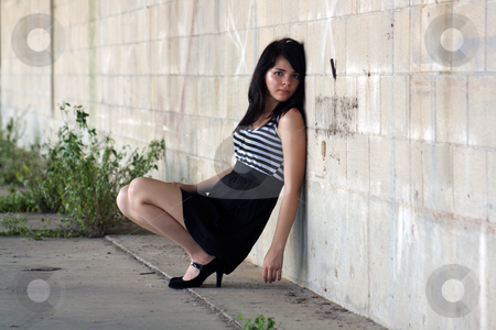 To use this stock image in your creative project, please select the size you need over to the right and click the "Add to Cart" button.
Your downloaded image will come with the Cutcaster watermark removed so don’t worry about the watermark you see on this page. Beautiful Brunette at a Block Wall (4) stock photo, A lovely young brunette squats and leans against a block wall, looking off camera slightly toward frame left with a serious facial expression. by Carl Stewart