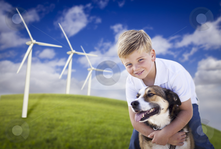 To use this stock image in your creative project, please select the size you need over to the right and click the "Add to Cart" button.
Your downloaded image will come with the Cutcaster watermark removed so don’t worry about the watermark you see on this page. Young Boy and Dog in Wind Turbine Field stock photo, Handsome Young Blue Eyed Boy and Dog Playing Near Wind Turbines and Grass Field. by Andy Dean