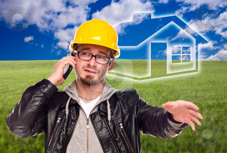 To use this stock image in your creative project, please select the size you need over to the right and click the "Add to Cart" button.
Your downloaded image will come with the Cutcaster watermark removed so don’t worry about the watermark you see on this page. Contractor in Hard Hat in Front of Ghosted House and Grass Field stock photo, Contractor in Hard Hat on Cell Phone in Front of Ghosted House, Grass Field and Blue Sky with Clouds. by Andy Dean