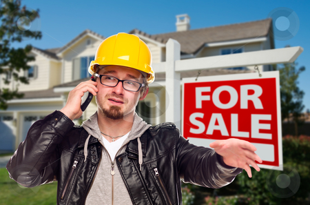 To use this stock image in your creative project, please select the size you need over to the right and click the "Add to Cart" button.
Your downloaded image will come with the Cutcaster watermark removed so don’t worry about the watermark you see on this page. Contractor in Hard Hat in Front of House and Sign stock photo, Contractor in Hard Hat in Front of House and For Sale Real Estate Sign. by Andy Dean