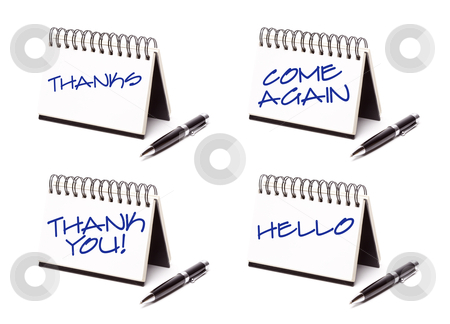 To use this stock image in your creative project, please select the size you need over to the right and click the "Add to Cart" button.
Your downloaded image will come with the Cutcaster watermark removed so don’t worry about the watermark you see on this page. Spiral Note Pad and Pen Series stock photo, Spiral Note Pad and Pen Series Isolated on White - Thanks, Thank You, Come Again and Hello - XXXL. by Andy Dean