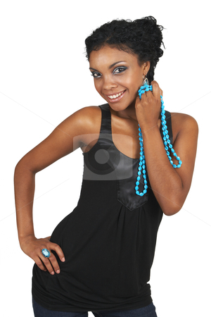 To use this stock image in your creative project, please select the size you need over to the right and click the "Add to Cart" button.
Your downloaded image will come with the Cutcaster watermark removed so don’t worry about the watermark you see on this page. Beautiful brunette woman stock photo, Beautiful brunette woman wearing party clothes and accessories smiling on white background by Elena Weber (nee Talberg)