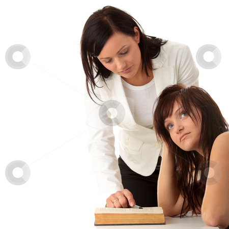 To use this stock image in your creative project, please select the size you need over to the right and click the "Add to Cart" button.
Your downloaded image will come with the Cutcaster watermark removed so don’t worry about the watermark you see on this page. Teacher and student stock photo, Teacher Helping teen Student One on One. Shot in studio over white. by Piotr_Marcinski