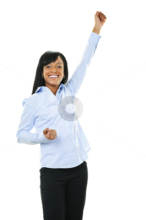 To use this stock image in your creative project, please select the size you need over to the right and click the "Add to Cart" button.
Your downloaded image will come with the Cutcaster watermark removed so don’t worry about the watermark you see on this page. Excited happy young woman with arm raised stock photo, Excited black woman raising arm in victory isolated on white background by Elena Elisseeva
