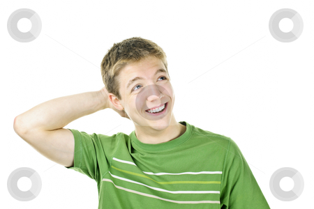 To use this stock image in your creative project, please select the size you need over to the right and click the "Add to Cart" button.
Your downloaded image will come with the Cutcaster watermark removed so don’t worry about the watermark you see on this page. Happy young man stock photo, Relaxed smiling young man with hand behind his head isolated on white by Elena Elisseeva