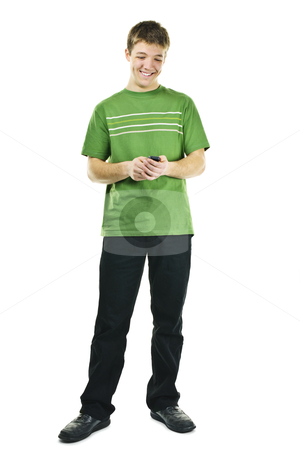 To use this stock image in your creative project, please select the size you need over to the right and click the "Add to Cart" button.
Your downloaded image will come with the Cutcaster watermark removed so don’t worry about the watermark you see on this page. Smiling young man texting on mobile phone stock photo, Happy young man texting on cellphone standing full body isolated on white background by Elena Elisseeva