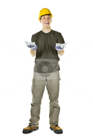 To use this stock image in your creative project, please select the size you need over to the right and click the "Add to Cart" button.
Your downloaded image will come with the Cutcaster watermark removed so don’t worry about the watermark you see on this page. Smiling construction worker looking up stock photo, Young construction worker looking up shrugging isolated on white background by Elena Elisseeva