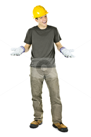 To use this stock image in your creative project, please select the size you need over to the right and click the "Add to Cart" button.
Your downloaded image will come with the Cutcaster watermark removed so don’t worry about the watermark you see on this page. Smiling construction worker shrugging stock photo, Happy construction worker with hard hat shrugging isolated on white background by Elena Elisseeva