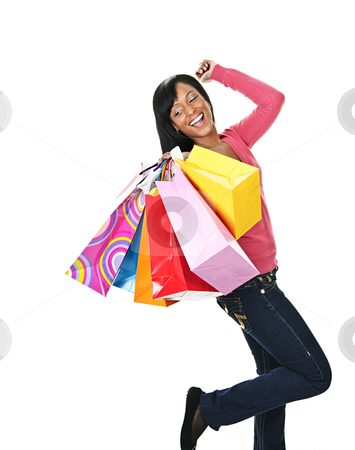 To use this stock image in your creative project, please select the size you need over to the right and click the "Add to Cart" button.
Your downloaded image will come with the Cutcaster watermark removed so don’t worry about the watermark you see on this page. Young excited black woman with shopping bags stock photo, Young excited smiling black woman holding shopping bags by Elena Elisseeva
