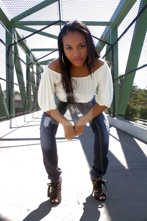 To use this stock image in your creative project, please select the size you need over to the right and click the "Add to Cart" button.
Your downloaded image will come with the Cutcaster watermark removed so don’t worry about the watermark you see on this page. Beautiful Haitian Girl Outdoors (3) stock photo, A lovely young Haitian girl on a pedestrian overpass covered with chain-link fence, bends over slightly toward the low-angle camera. by Carl Stewart