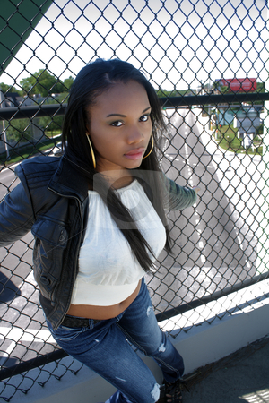 To use this stock image in your creative project, please select the size you need over to the right and click the "Add to Cart" button.
Your downloaded image will come with the Cutcaster watermark removed so don’t worry about the watermark you see on this page. Beautiful Haitian Girl Outdoors (7) stock photo, A lovely young Haitian girl on a pedestrian overpass covered with chain-link fence, with the street visible below. by Carl Stewart