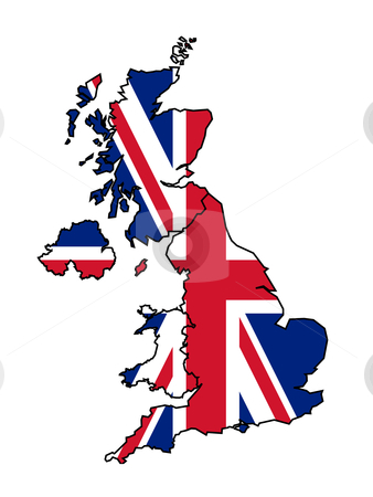 To use this stock image in your creative project, please select the size you need over to the right and click the "Add to Cart" button.
Your downloaded image will come with the Cutcaster watermark removed so don’t worry about the watermark you see on this page. UK Map with flag stock photo, Illustration of United Kingdom flag on map of country; isolated on white background. by Martin Crowdy